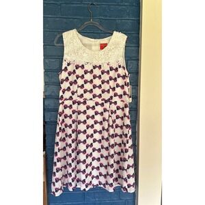 Bow Print Lace Neck Dress Ivory Pink Navy Sleeveless Women's M , Deep or Shallow
